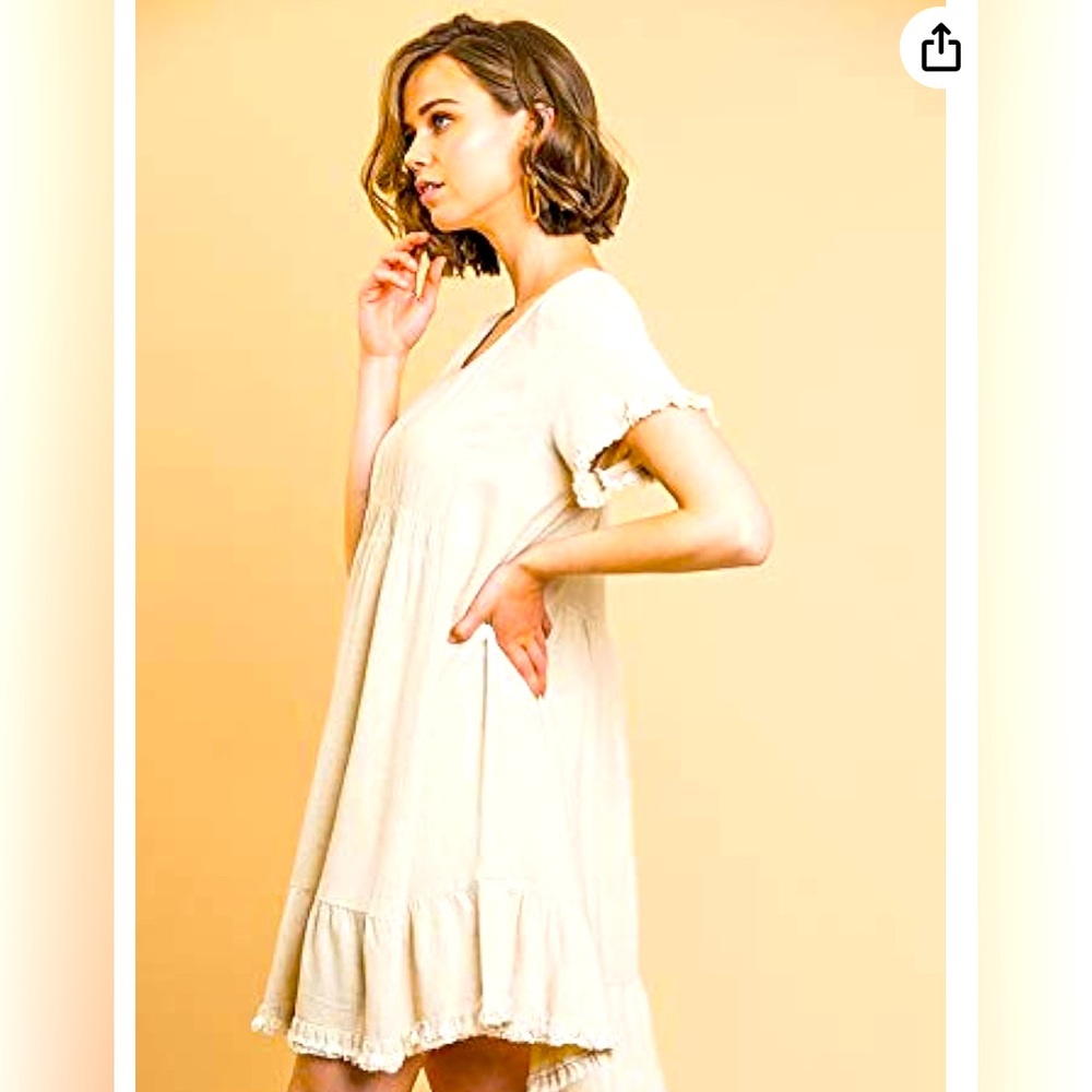 Umgee Women's Short Sleeve Round Neck Ruffle Trim Dress with Frayed Edges